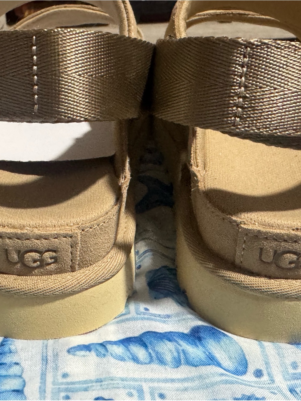 UGG Beige Suede Platform Sandals with Grosgrain Straps